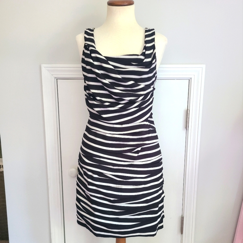 Express Cocktail Dress Women's Size 8 Y2K Square Neck Ruched Striped Lined Black